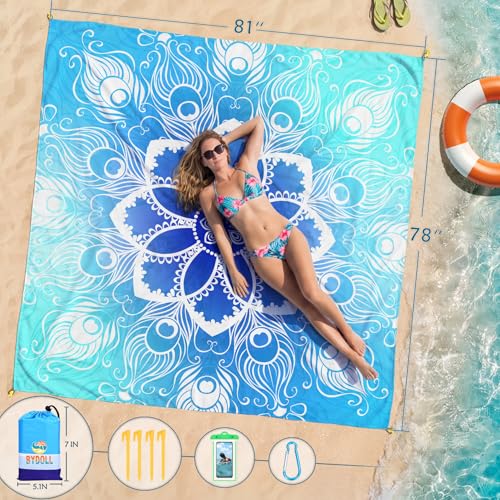 Beach Blanket Waterproof Sandproof Large Sand Free,78''X81''/10'X9' Oversized Sandless Lightweight Blanket Picnic Mat for Beach Travel Camping Hiking with Stakes