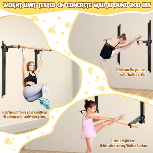Ballet Barre Wall Mount, 4ft/5ft, Adjustable Height for Home，Solid Beech Wood Bar,Steel Brackets,Foldable Design,Stretch & Workout Equipment,for Adults Kids Studio Gym