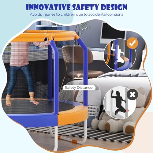 GYMAX Trampoline for Kids, 48” Toddler Trampoline with Enclosure Net, Non-Slip Handrail & Anti-Slip Foot Pads, Mini Kids Trampoline for Indoor/Outdoor, Backyard, Birthday Gift for Boys Girls