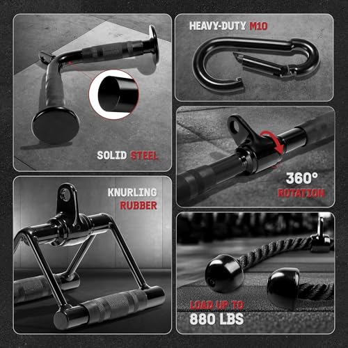 Yes4All Cable Machine Attachment, Row Handles, Tricep Rope, Straight Bar, V Bar, LAT Pulldown Accessories Load 880 LB for Home Gym - color: I.(Black) Cable Attachments Full Accessories Set