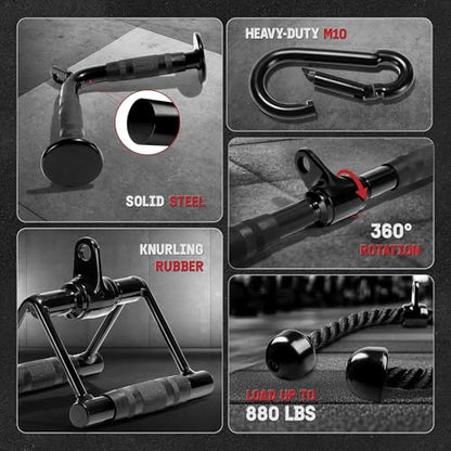 Yes4All Cable Machine Attachment, Row Handles, Tricep Rope, Straight Bar, V Bar, LAT Pulldown Accessories Load 880 LB for Home Gym - color: I.(Black) Cable Attachments Full Accessories Set