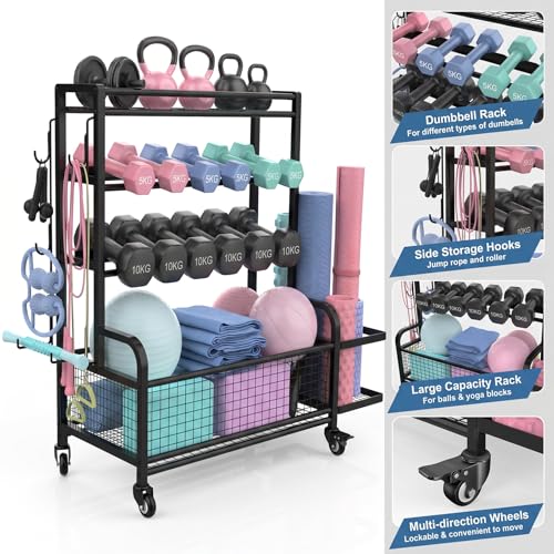 4-Tier Dumbbell Rack & Home Gym Storage, Heavy-Duty Weight Rack Stand with Lockable Wheels, 350LBS Capacity Workout Equipment Organizer for Kettlebells, Yoga Mats and Balls, Black