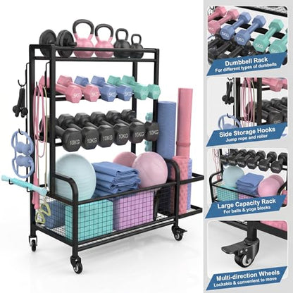 4-Tier Dumbbell Rack & Home Gym Storage, Heavy-Duty Weight Rack Stand with Lockable Wheels, 350LBS Capacity Workout Equipment Organizer for Kettlebells, Yoga Mats and Balls, Black