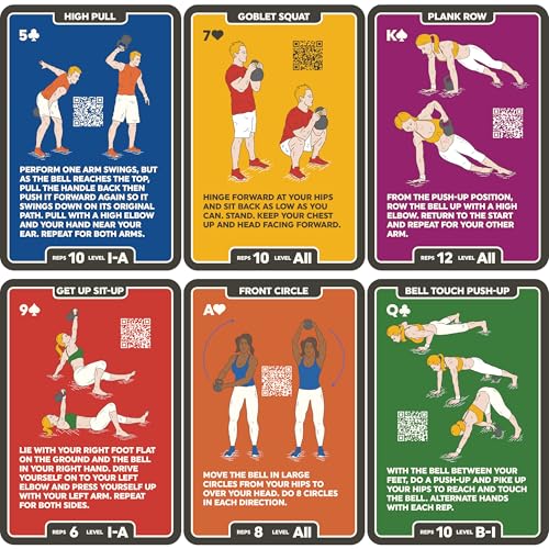 Stack 52 Kettlebell Exercise Cards. Workout Playing Card Game. Video Instructions Included. Learn Kettle Bell Moves and Conditioning Drills. Home Fitness Training Program. (2019 Updated Deck)