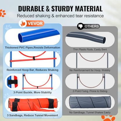 VEVOR Dog Agility Course Backyard Set, 13pcs Agility Training Equipment for Dogs, 2 Tunnels with Sandbags,Adjustable Hurdles,Weave Poles,Jump Ring,Pause Box, Puppy Obstacle Course Kit with Storage Bag - size: 13 Pcs Upgraded Set