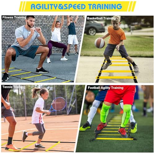 Soccer Speed Agility Training Set - 20FT Agility Ladder 12/16 Sports Cones and Soccer Kick Trainer Football Training Equipment Footwork Drills for Youth and Adults - color: Yellow, style: Agility Ladder+Cones