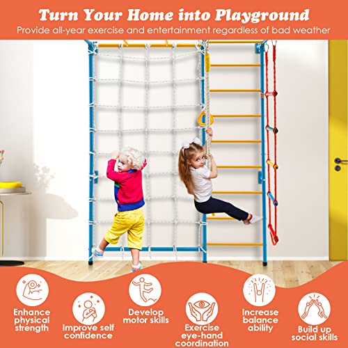 GLACER 7-in-1 Indoor Adventure Playground with Steel Frame, Monkey Bars & Gym Rings for Kids Aged 3+, Solid Wall Set up - style: 7 In 1