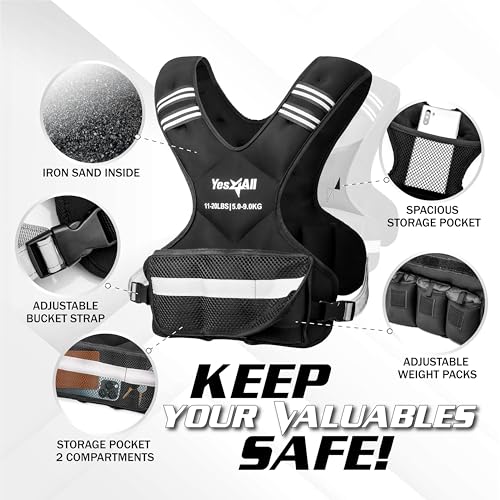 Yes4All Adjustable Weighted Vest 11-32lbs with Reflective Strip, Large Weight Vest for Strength Training for Men & Women