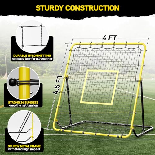 Baseball & Softball Rebounder Net with Carry Bag，7 Angles Adjustable Pitchback for Fly Balls, Grounders & Line Drives,Portable Fielding Trainer，4x4.5FT Bounce Back Net for All Players