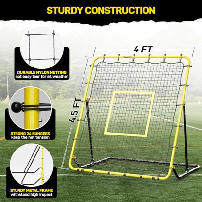 Baseball & Softball Rebounder Net with Carry Bag，7 Angles Adjustable Pitchback for Fly Balls, Grounders & Line Drives,Portable Fielding Trainer，4x4.5FT Bounce Back Net for All Players