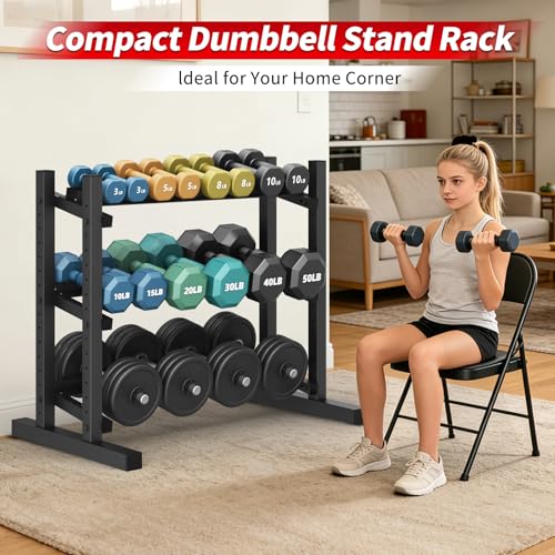 3-Tier Professional Dumbbell Rack, Commercial Grade Dumbbell Storage Rack,1300/1800LB Capacity with Barbell Holder, Adjustable Heavy-Duty Weight Rack for Home Gym, Weight Stand for Dumbbells, Kettlebells & Weight Plates (Rack Only)