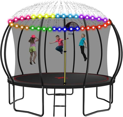 1500LBS 10FT 12FT 14FT 16FT Trampoline for Kids Adults with Basketball Hoop, Enclosure Net, Sprinkler, Lights, Disco Ball with Music Speaker, Heavy Duty Trampoline Outdoor Trampolines - color: Black - 12FT
