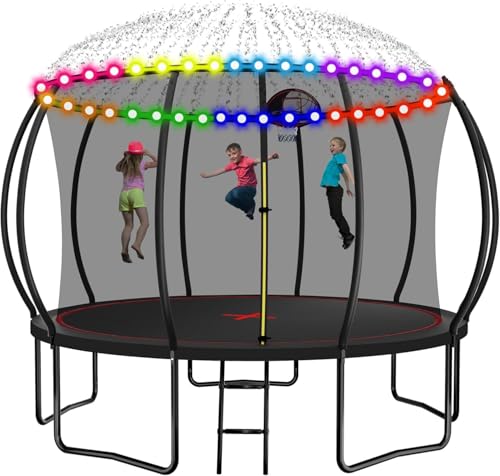 1500LBS 10FT 12FT 14FT 16FT Trampoline for Kids Adults with Basketball Hoop, Enclosure Net, Sprinkler, Lights, Disco Ball with Music Speaker, Heavy Duty Trampoline Outdoor Trampolines - color: Black - 12FT