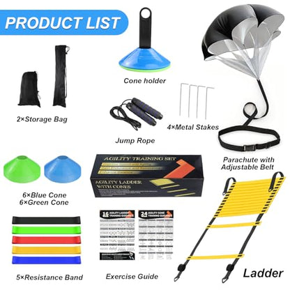 Speed Agility Training Equipment Set, Agility Ladder 20ft, 12 Football Cones, Resistance Parachute/Soccer Kick Trainer, Jump Rope, 5 Resistance Bands, Football Practice Equipment for Kids Adults
