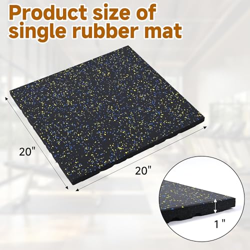 tonchean 1" Thick Rubber Exercise Equipment Mats, 4 Pack Anti-Vibration Gym Floor Tiles 20" x 20'', Non-Slip Sound Absorbing Gym Mats, Interlocking Tiles with 12 Pcs Buckles, for Fitness Equipment