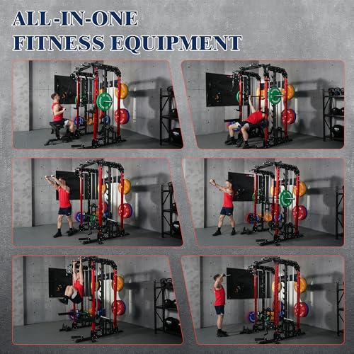 Smith Machine, 2600LBS Squat Rack, 7-in-1 Home Gym Cage with Adjustable Safety Bars, Pull-Up & LAT Pulldown