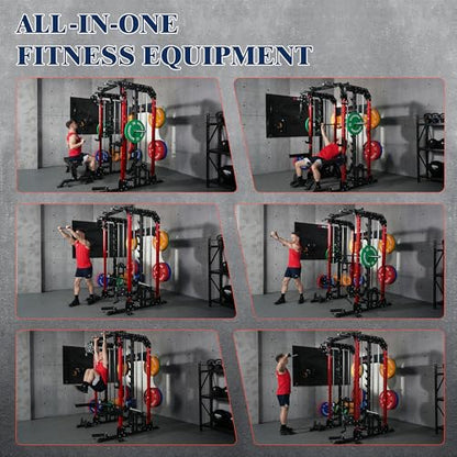 Smith Machine, 2600LBS Squat Rack, 7-in-1 Home Gym Cage with Adjustable Safety Bars, Pull-Up & LAT Pulldown