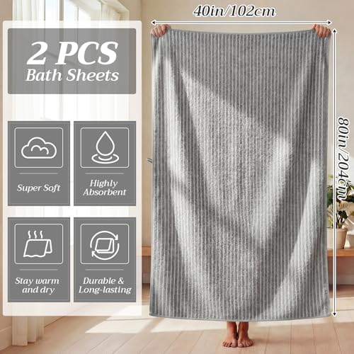 2 Pack Oversized Bath Towels 40 x 80 in Coral Fleece Extra Large Gray and White Striped Bath Sheets Microfiber Quick Dry Absorbent Shower Towel for Beach Pool Hotel Bathroom Spa Gym