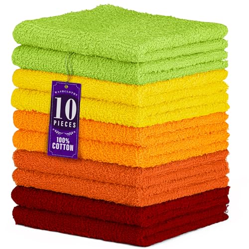 10 Pack 100% Cotton Wash Cloth, Luxurious Soft, 12 x 12 inch Ultra Absorbent, Machine Washable Washcloths, Assorted Set 2 (10 Pack) - color: Harvest Glow, size: 10 Pack