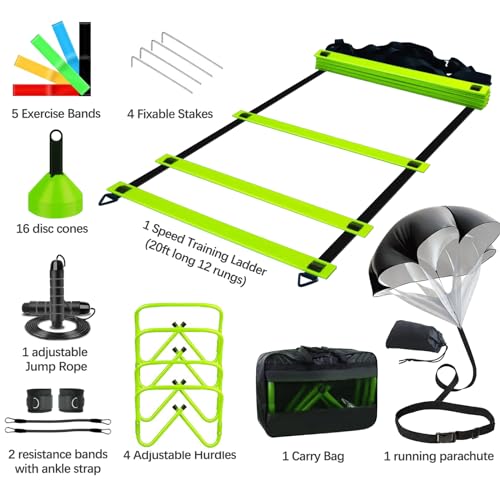 Haootadiy Agility Training Equipment, Football Training Equipment Includes 20FT Agility Ladder,4 Adjustable Agility Hurdles, 12 Football Cones, Parachute, for Training Soccer Basketball Athletes - color: GREEN