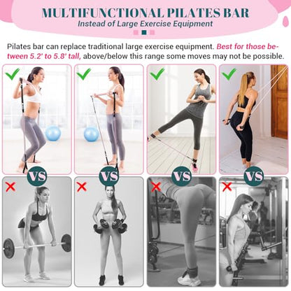 COFOF Pilates Bar Kit with Resistance Bands, Multifunctional Yoga Pilates Bar with Heavy-Duty Metal Adjustment Buckle, Portable Home Gym Pilates Resistance Bar Kit for Women Full Body Workouts