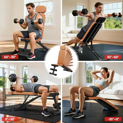 XDDIAS Workout Bench, 10 Backrests Adjustable Weight Bench with Extended Headrest, 800LBS Foldable Weight Bench for Home Gym, Incline Decline Flat Bench Compact for Small Space Training - color: Brown