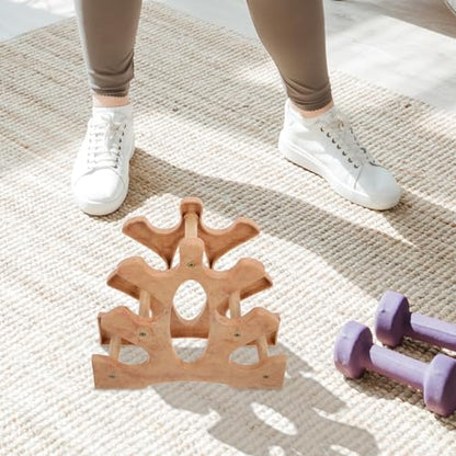 IMIKEYA Three-tier Wooden Dumbbell Rack Stand for Home Gym Organization, Compact Weight Storage Shelf with Kettlebell Saddle, Space-saving Fitness Equipment Holder for Strength Training