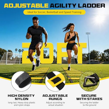 2 Pack 20ft Agility Ladder Set, 40ft Total Adjustable Speed Ladder with 12 Cones, 8 Stakes, 1 Carry Bag - Parallel Footwork Drills Gear for Football Soccer Basketball Training Equipment