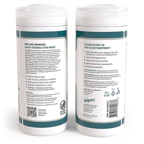 Wipex Fitness Equipment Wipes - EWG Verified - 50 Ct Original Natural Plant Based Gym Wipes for Equipment, Clean Surfaces at Home or Gym, Use as a Yoga Mat Cleaner, Lemongrass, Eucalyptus & Vinegar