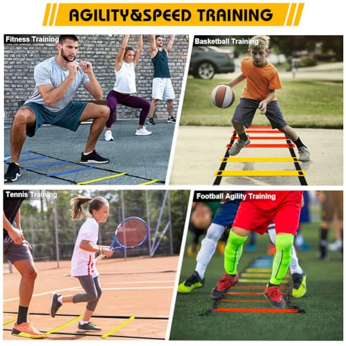Soccer Speed Agility Training Set - 20FT Agility Ladder 12/16 Sports Cones and Soccer Kick Trainer Football Training Equipment Footwork Drills for Youth and Adults