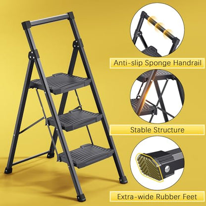 KINGRACK Step Ladder 3 Step Folding, 900lbs 3 Step Ladder with Non-Skid Wide Pedal and Handrails, Lightwight Household Ladder, Sturdy Step Stool, for Your Kitchen, Closets, Office Use, Garage, Black - size: 3-step with handrail