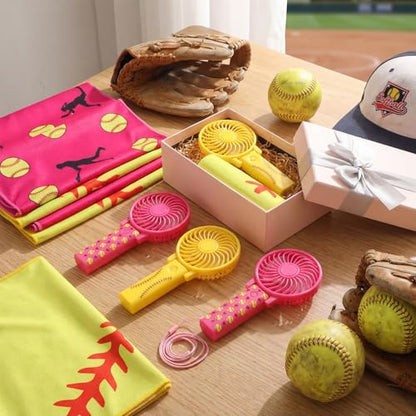24 Pcs Softball Team Gifts, Include 12 Cooling Towels 40'' x 12'' Workout Towels 12 Portable Fan Handheld Fan for Souvenir Rewards Gift Filler Sport Party Favors