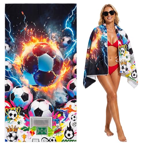 Large Soccer Beach Towel - 71" x 35" Oversized Microfiber Sand Free Quick Dry Absorbent Compact Sports Beach Towel for Pool Travel Gym Bath Camping - Cool Soccer Fan Gift for Men Women Summer Vacation - color: B3-soccer-qm