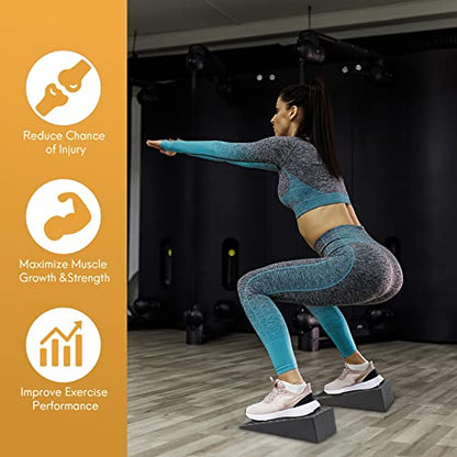 Squat Wedge for Easier Squats: 2-Pack Non-Slip Blocks with Guides | Improve Knees Ankles Mobility for Split Squats Weightlifting Deadlitf Fitness Enthusiasts Home Exercisers Daily Workout