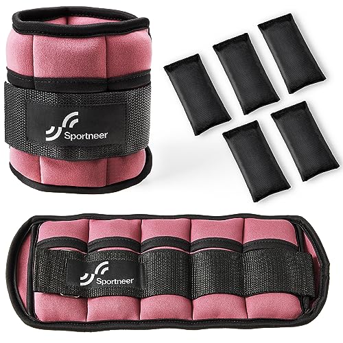 Sportneer Adjustable Ankle Weights Set - 1 Pair (2-10 lbs) Removable Sandbags for Women & Men, Comfortable Neoprene Leg Weights for Walking, Running, Pilates, Yoga, Home Workout & Physical Therapy, Rosy Melon, 5 lbs x 2)