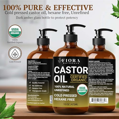 Organic Castor Oil in Glass Bottle – 16 Oz Cold Pressed & Hexane-Free – USDA Certified – Skin Moisturizer, Hair Growth Oil For Lashes, Brows, Skin & Scalp – with Pump - size: 16 Fl Oz (Pack of 1)