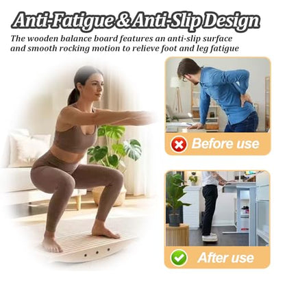 360° Wooden Wobble Balance Board for Standing Desk, 440LB Capacity 3D Anti-Fatigue Anti-Slip Rocker Board, Improve Focus & Core Strength, Surf Skate Ski Simulation for Home Office with Mat