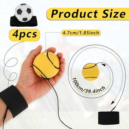 4 Pieces Wrist Return Ball, 2 Inch Rubber Rebound Ball Wristband On A String Sports Wrist Ball Includes Basketball, Baseball and Football for Teens Adults Wrist Exercise or Play