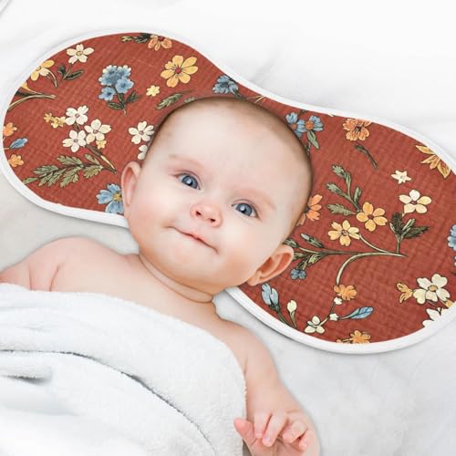Boho Floral Red Orange Muslin Burp Cloths 1 Pack - Extra Large 22"x11", 4-Layer Soft Absorbent Cotton, Waterproof Backing, Baby Drool Rags for Newborn