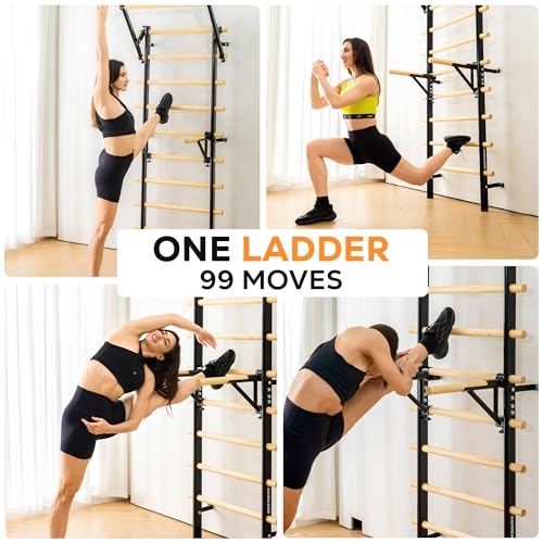 Swedish Ladder, Wood Stall Bar, Swedish ladders Wall Gym Adult, Adjustable Pull Up and Dip Station for Adults and Kids, 9-Anchor Solid Pine, Home Fitness