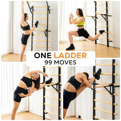 Swedish Ladder, Wood Stall Bar, Swedish ladders Wall Gym Adult, Adjustable Pull Up and Dip Station for Adults and Kids, 9-Anchor Solid Pine, Home Fitness