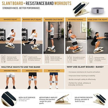3-in-1 Adjustable Slant Board & Balance Board - Wooden Calf Stretcher and Squat Wedge - 5 Angle Incline Board for Stretching Equipment & Exercise - Includes Resistance Band - (400LBS)