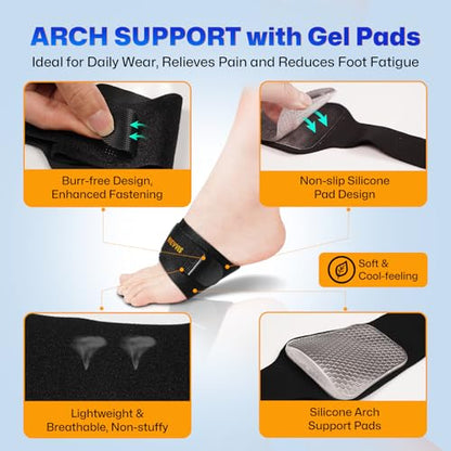 Arch Support Braces with Replaceable Gel Pads, Adjustable Orthotic Arch Support for Women Men, Relief for Plantar Fasciitis, High Arch, Flat Feet, Foot Fatigue, Arch Pain, 4 Pads with 2 Heights