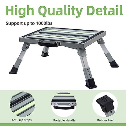Iron RV Steps, 4-Level Adjustable Folding Step Stool with Non-Slip Rubber Feet, Non-Slip Fluorescent Strip Platform Rv Accessories, Supports Up to 1000 lbs - Gray