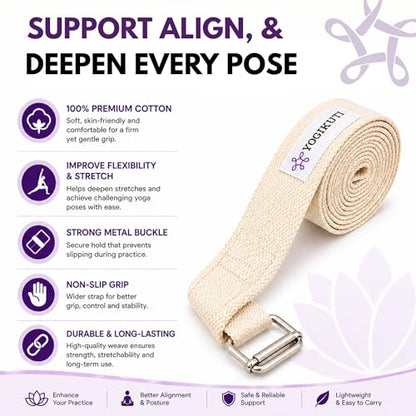 Yogikuti Premium Cotton Yoga Strap | Adjustable Yoga Belt for Stretching, Flexibility, Balance & Alignment | Yoga Accessories for Beginners, Pilates, Meditation, Exercise, Fitness & Physical Therapy - size: 7Ft(2mtr)