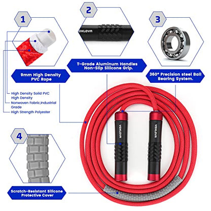 Weighted Jump Rope for Men Women - 1LB Heavy Jump Rope Weighted Skipping Rope for Adult Fitness Workouts Boxing Crossfit Cardio Weight-loss MMA, Non-Slip Aluminum Handles, Adjustable Length 9MM Solid PVC/Cotton Ropes - color: Red
