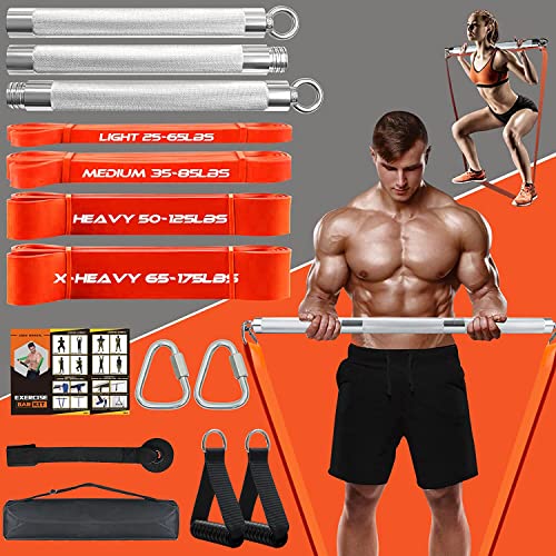DASKING Resistance Band Bar Set for Home Gym, 500LB Total Resistance with Longer Bar & 4 Stackable Bands, Detachable for Full Body Workouts, Door Anchor, Exercise Guide - style: 98CM/38.5" Length
