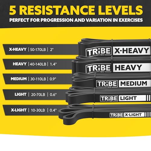 Tribe Lifting Resistance Bands for Working Out Men and Women - Set of 5 Pull Up Bands for Strength Training, Exercise Bands with Handles, Door Anchor and Bar Options for Home Gym