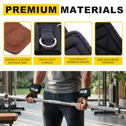 Weight Lifting Straps with D Rings, Leather Palm Grip Wrist Cuffs, 7mm Neoprene Wrist Support for Cable Machines & lifting Training