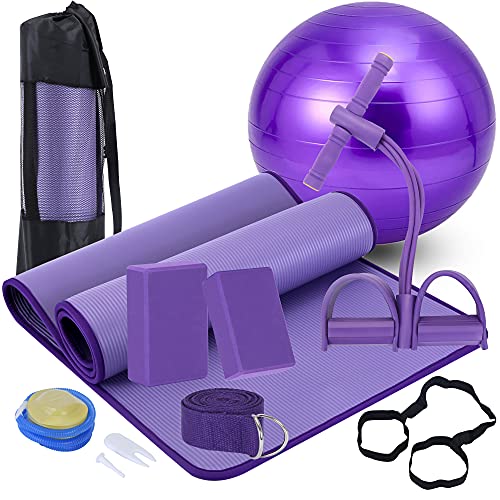 Yoga Mat Set for Beginners,Yoga Mat with Carrying Strap,Yoga Blocks 2 Pack with Yoga Strap,Yoga Ball,Ankle Puller,11-Piece Yoga Kits and Sets for Beginners,Yoga Starter Kit for Women Men